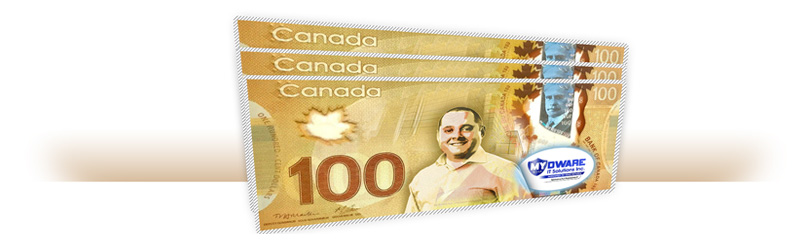 Canadian currency with MYDWARE logo printed on it