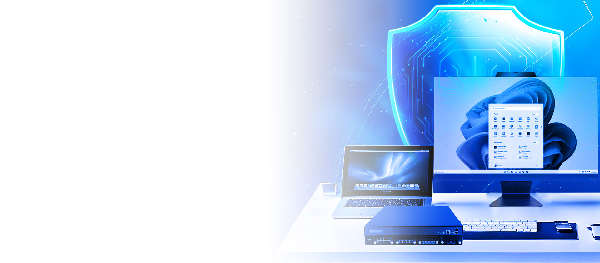 Modern Windows desktop with task manager and a phone — secure, reliable hardware in action